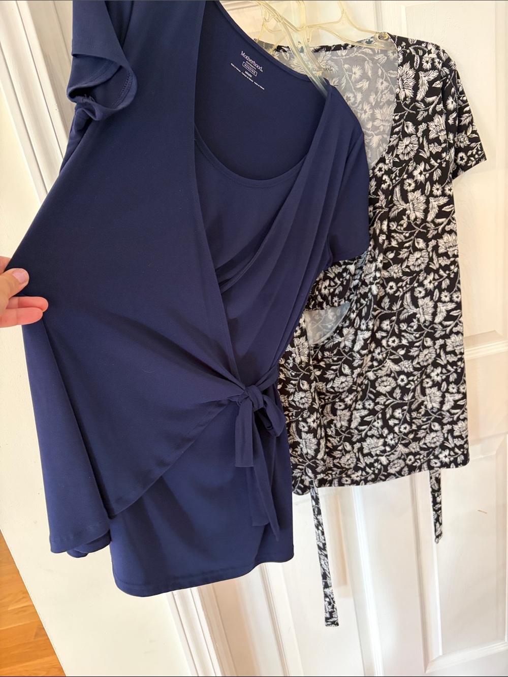 Motherhood Maternity Navy and Black Floral Wrap-Front Maternity Tunic.